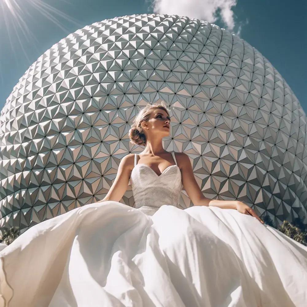 Photo of bride under Epcot ball - Orlando bridal shop